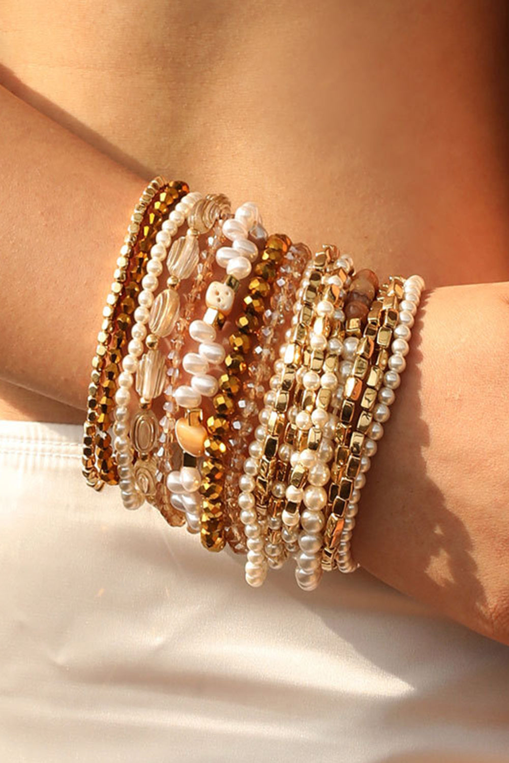 Gold 17pcs Baroque Style Pearl Crystal Beads Multi Layer Bracelet Set