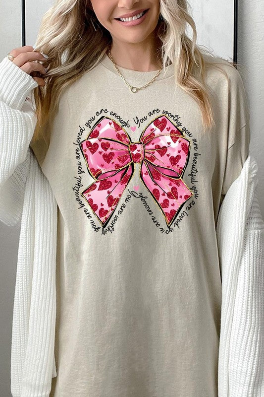 Faux Glitter Valentine Bow Graphic Heavy Cotton T