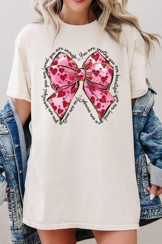 Faux Glitter Valentine Bow Graphic Heavy Cotton T