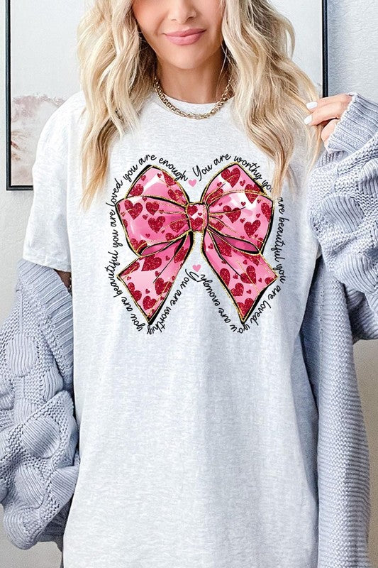 Faux Glitter Valentine Bow Graphic Heavy Cotton T