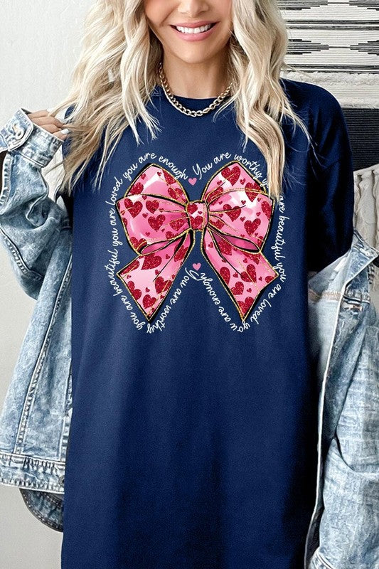 Faux Glitter Valentine Bow Graphic Heavy Cotton T