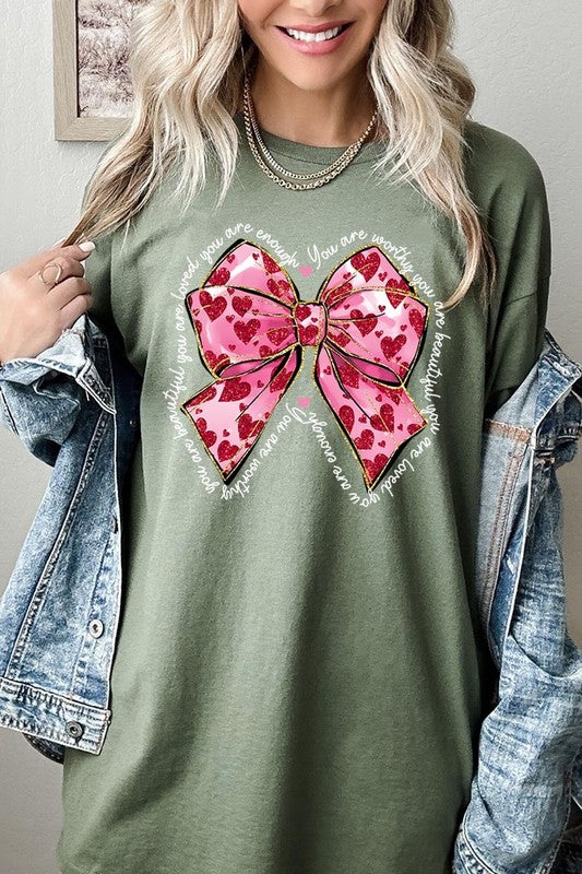 Faux Glitter Valentine Bow Graphic Heavy Cotton T