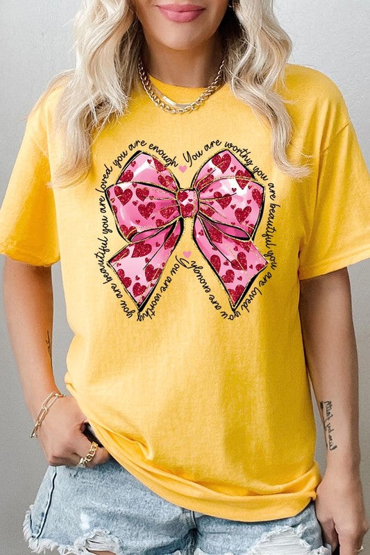 Faux Glitter Valentine Bow Graphic Heavy Cotton T