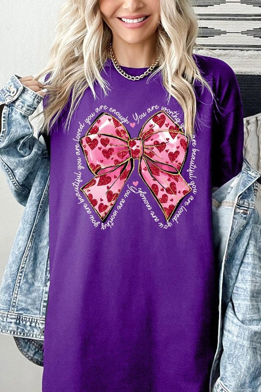 Faux Glitter Valentine Bow Graphic Heavy Cotton T