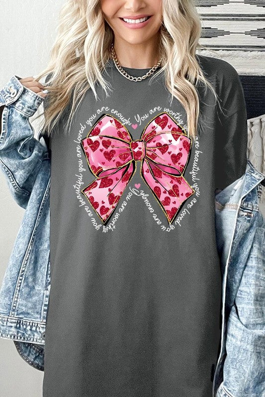 Faux Glitter Valentine Bow Graphic Heavy Cotton T