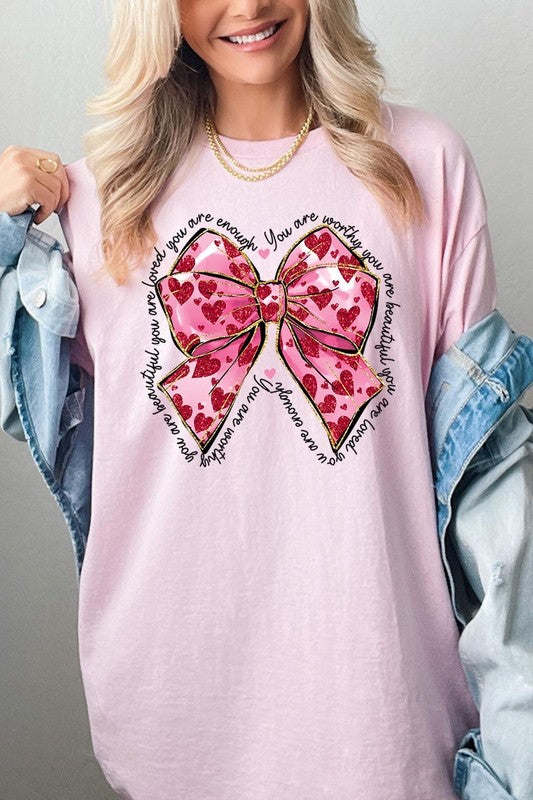 Faux Glitter Valentine Bow Graphic Heavy Cotton T