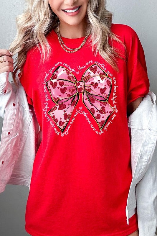Faux Glitter Valentine Bow Graphic Heavy Cotton T