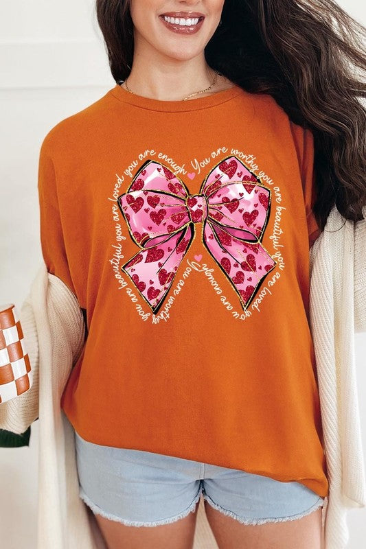 Faux Glitter Valentine Bow Graphic Heavy Cotton T