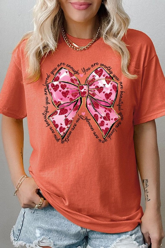 Faux Glitter Valentine Bow Graphic Heavy Cotton T
