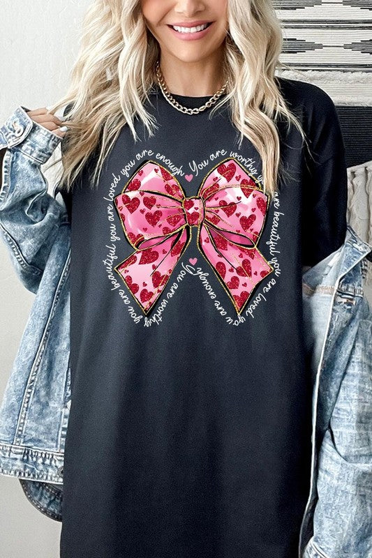 Faux Glitter Valentine Bow Graphic Heavy Cotton T