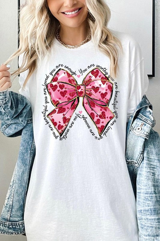 Faux Glitter Valentine Bow Graphic Heavy Cotton T