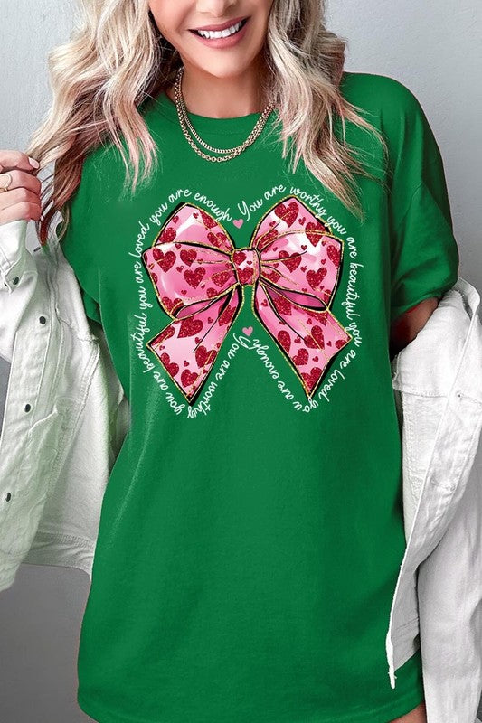 Faux Glitter Valentine Bow Graphic Heavy Cotton T