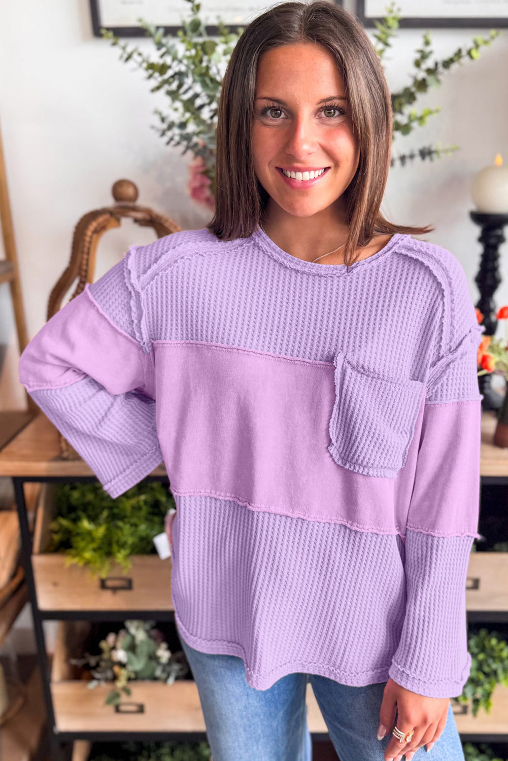 Phalaenopsis Thermal Waffle Knit Patchwork Long Sleeve Top