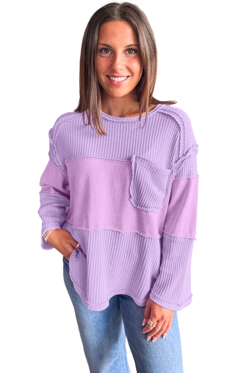 Phalaenopsis Thermal Waffle Knit Patchwork Long Sleeve Top