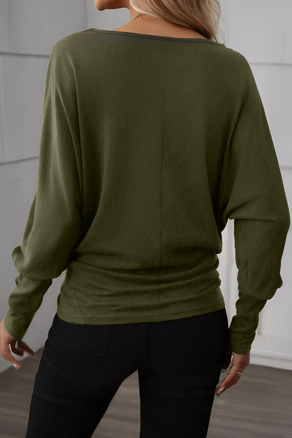 Green Solid Color Round Neck Dolman Sleeve Top