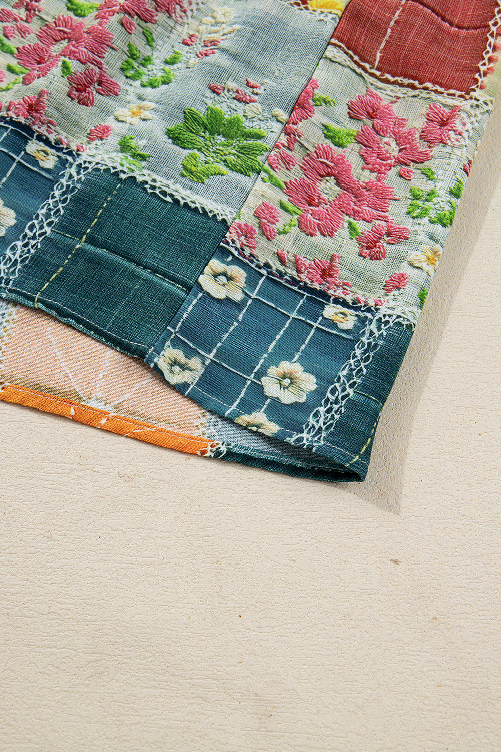 Sky Blue Floral Checkered Pattern Bubble Sleeve Ruffle Hem Dress