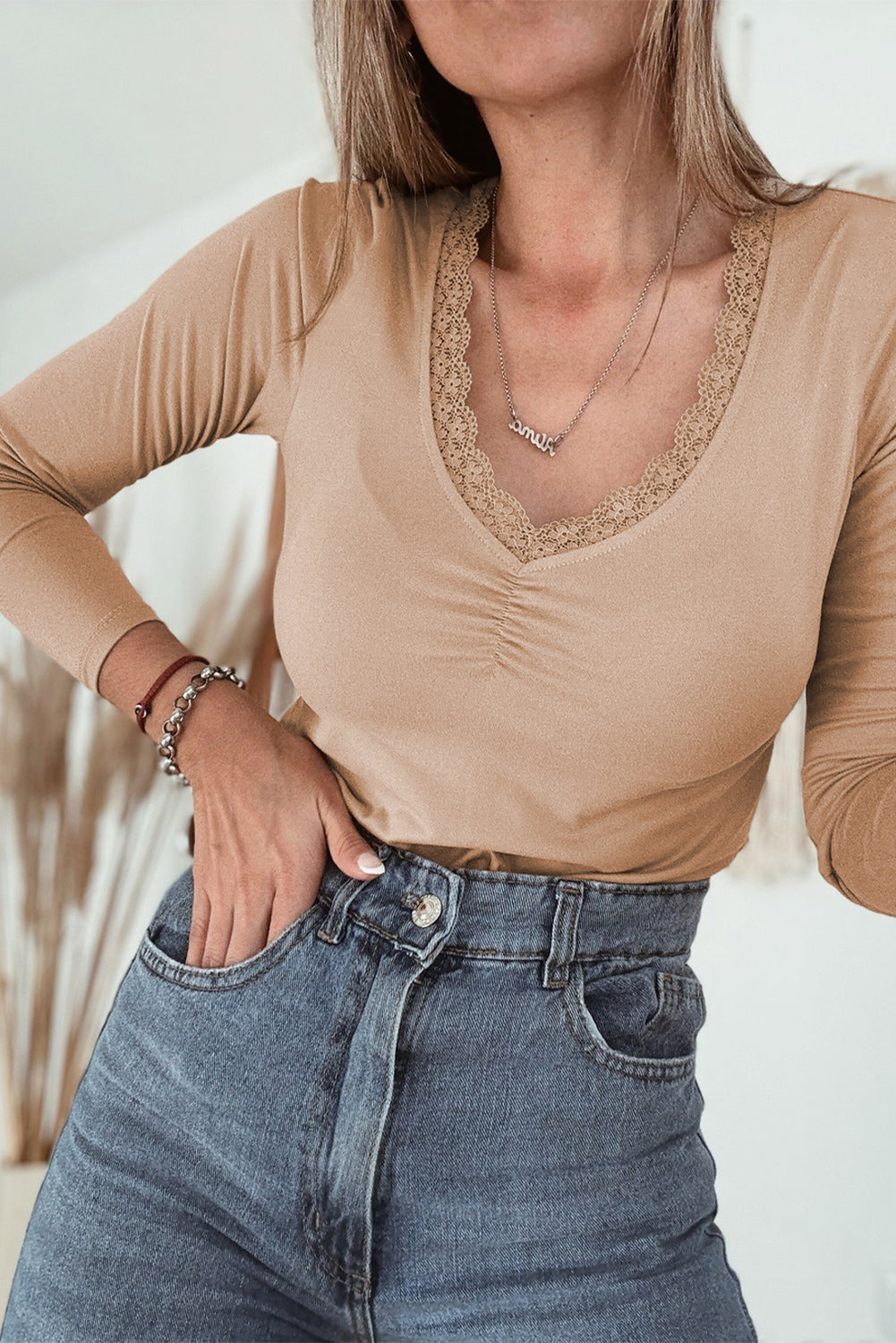 Smoke Gray Lace Sweetheart Neckline Long Sleeve Top