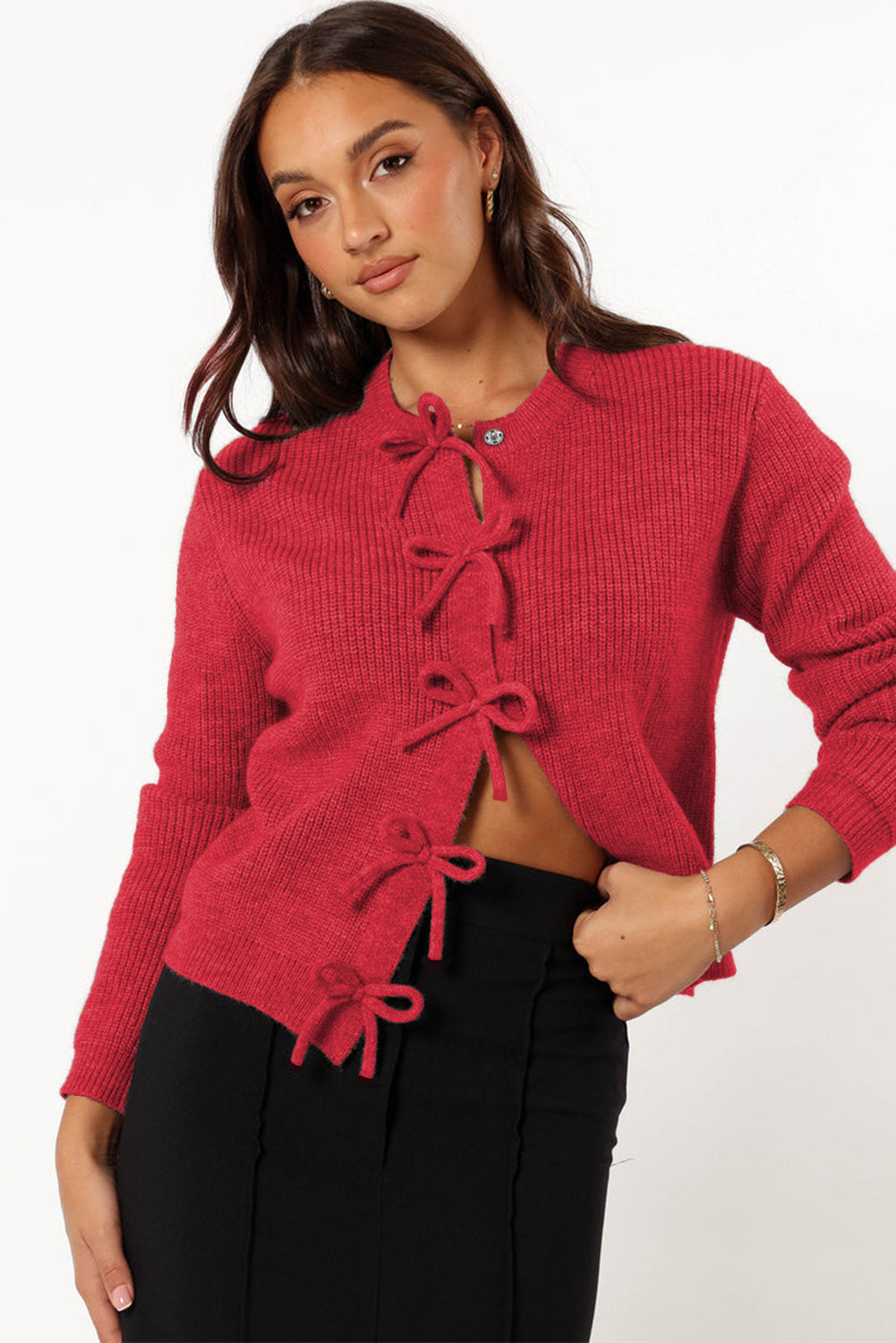 Fiery Red Sweet Bow Front Knit Cardigan