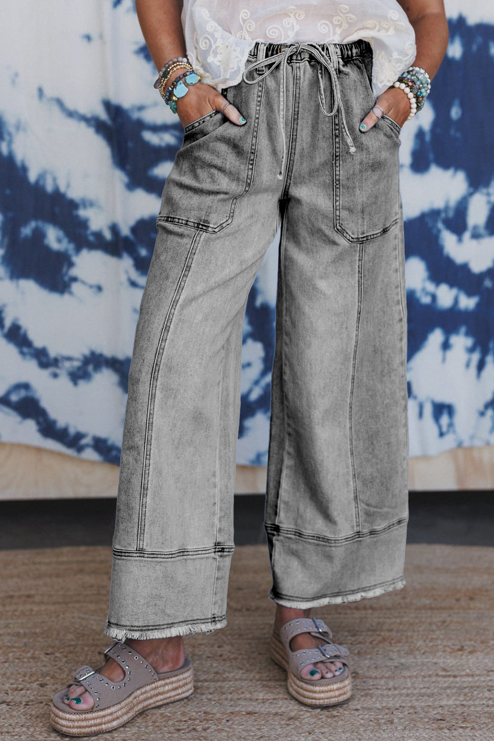 Gray Drawstring Seam Detail Raw Hem Wide Leg Jeans