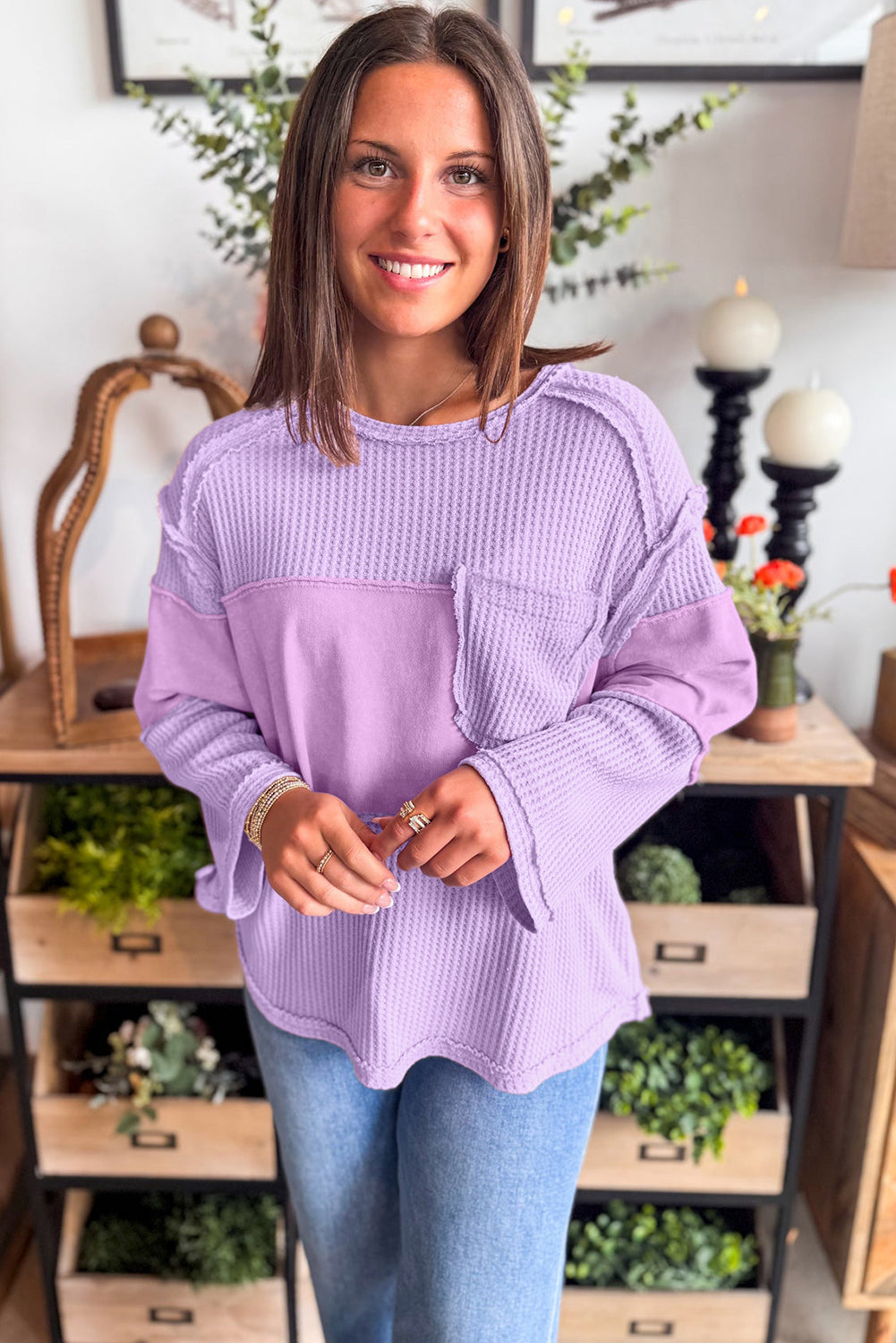 Phalaenopsis Thermal Waffle Knit Patchwork Long Sleeve Top