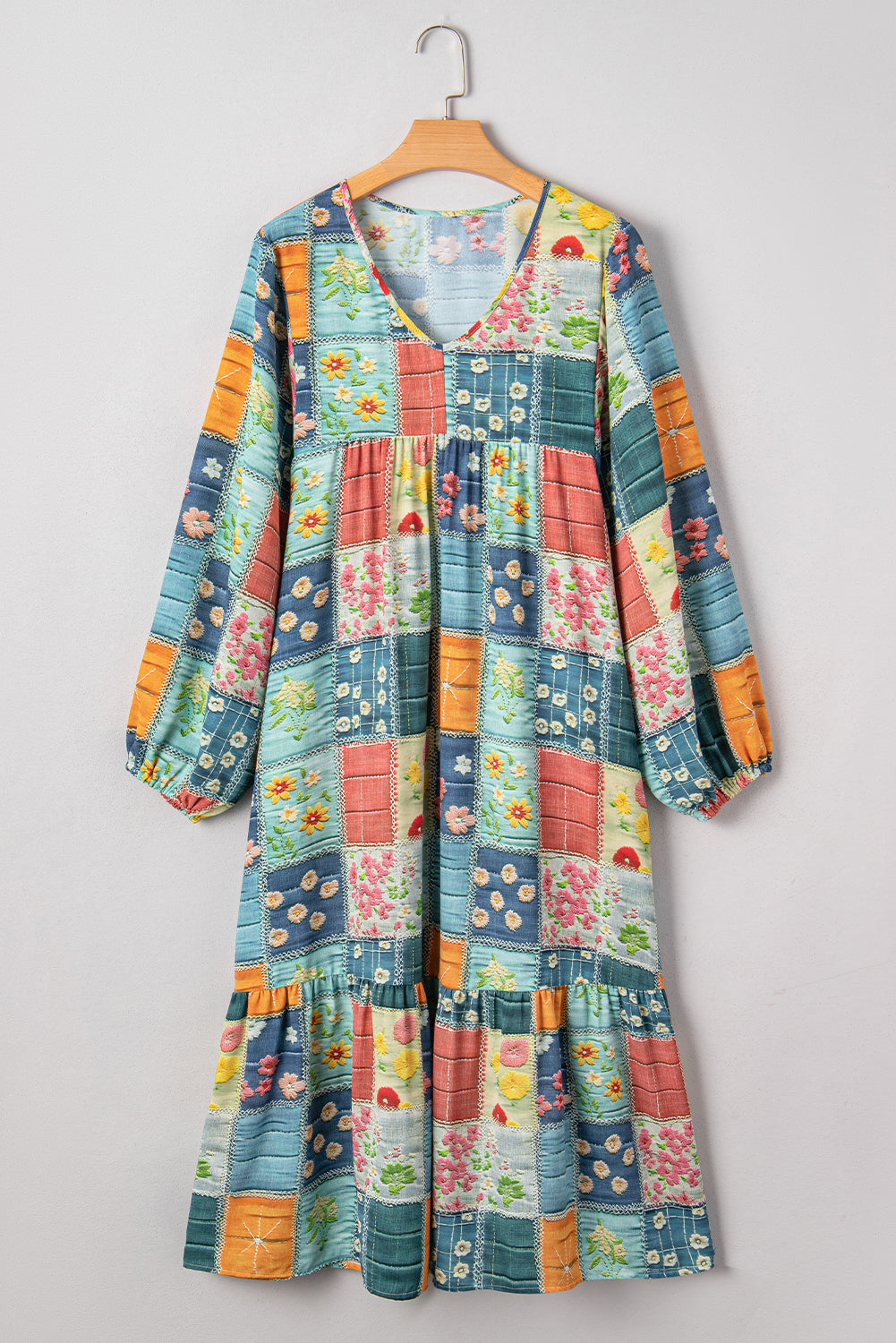 Sky Blue Floral Checkered Pattern Bubble Sleeve Ruffle Hem Dress