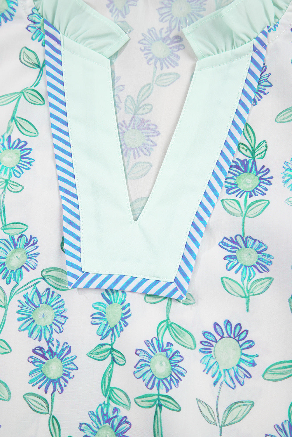 Green Floral Print Striped Trim Contrast V Neck Patchwork Boho Blouse