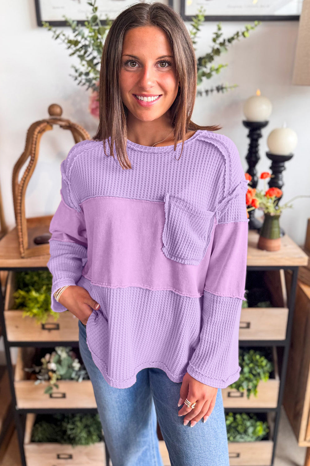 Phalaenopsis Thermal Waffle Knit Patchwork Long Sleeve Top
