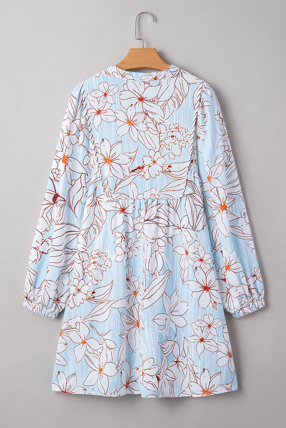 Brown Floral Print Tie Neck Long Sleeve Mini Dress