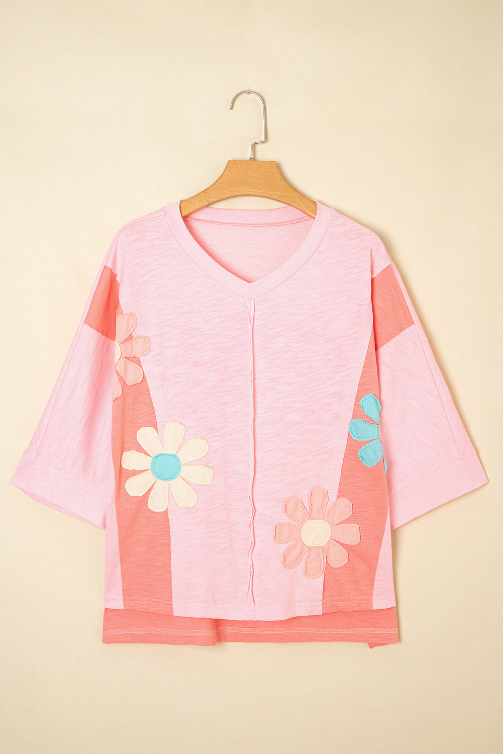 Pink Flower Patched Exposed Seam 3/4 Sleeve top