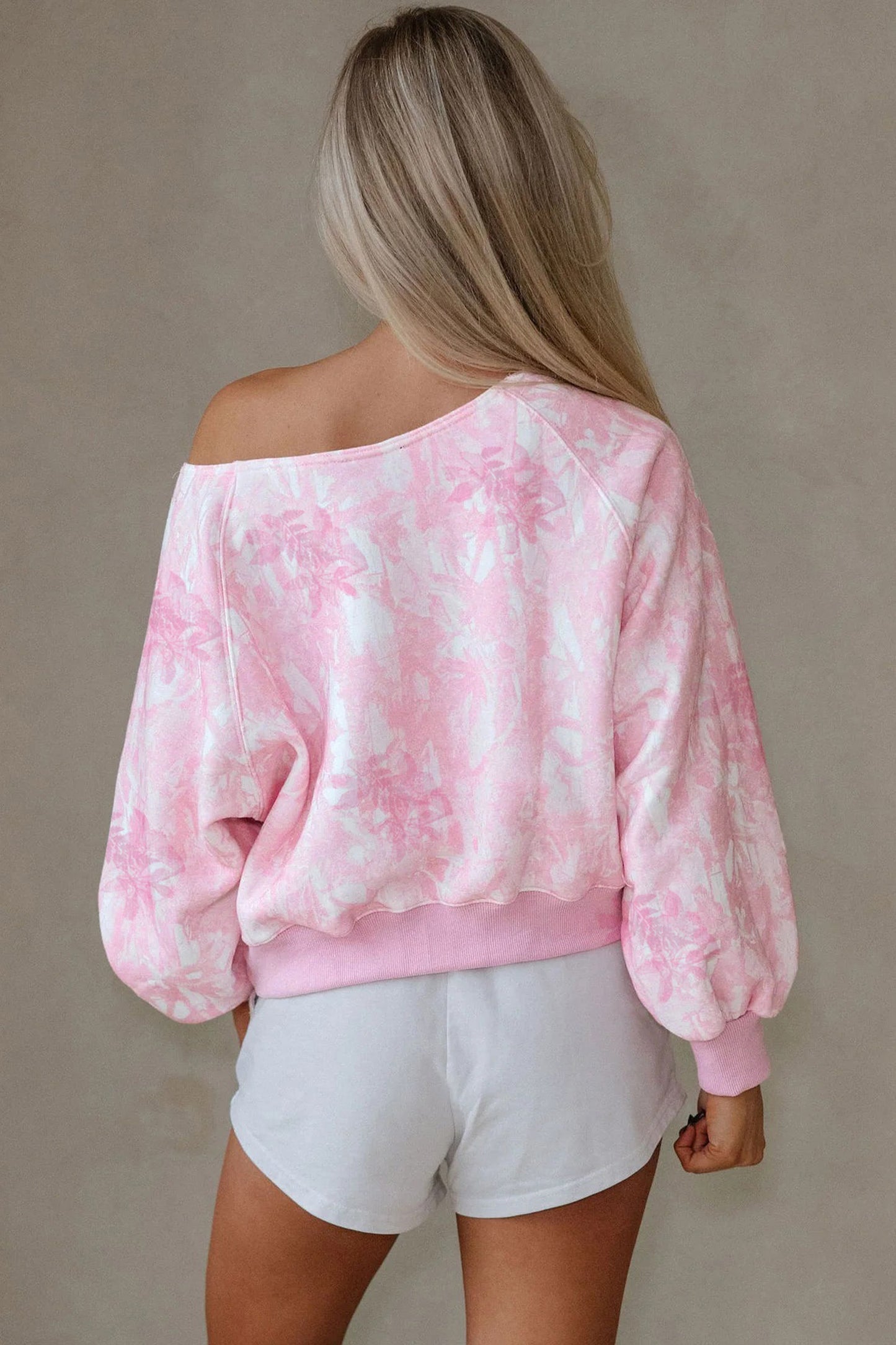 Pink Abstract Woodland Print Asymmetric Shoulder Long Sleeve Top