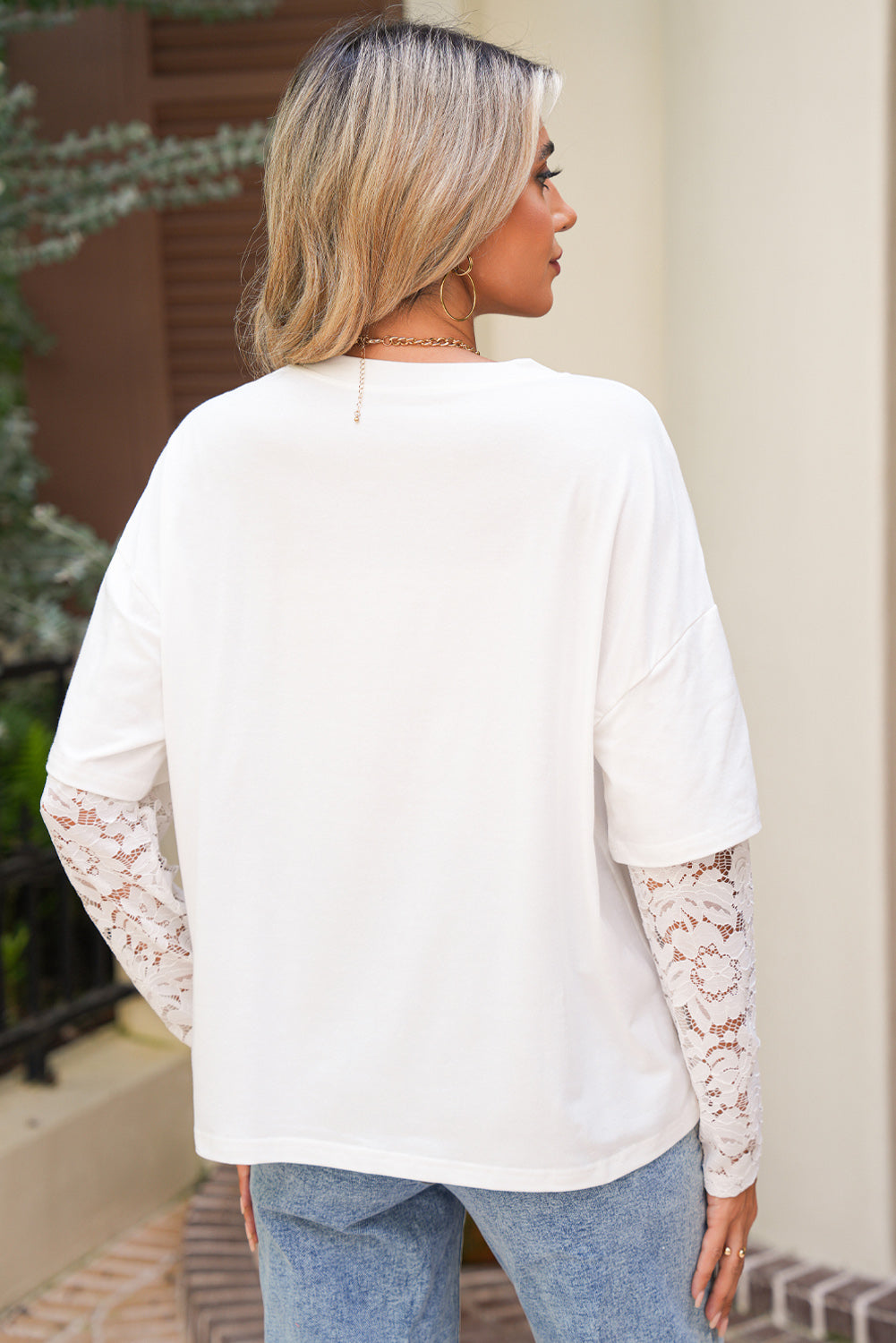 Black Fake Two-Piece Lace Long Sleeve Drop Shoulder Tee