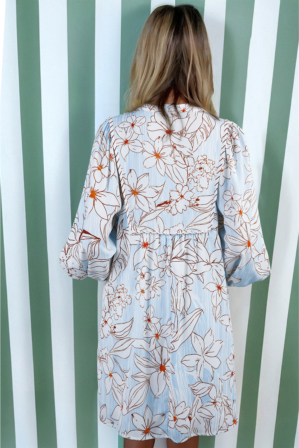 Brown Floral Print Tie Neck Long Sleeve Mini Dress