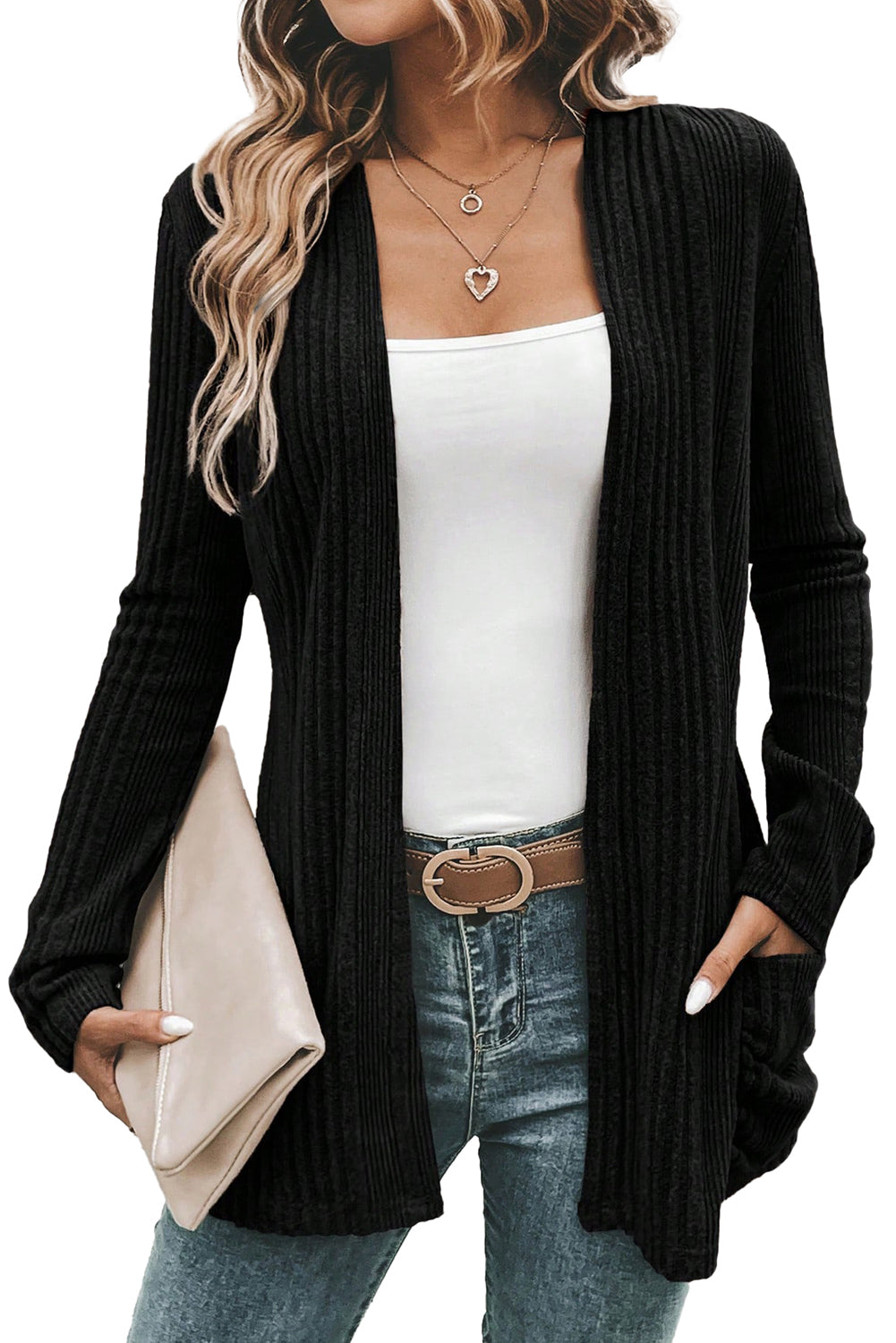 Stone Blue Ribbed Open Front Knitted Top with Pockets