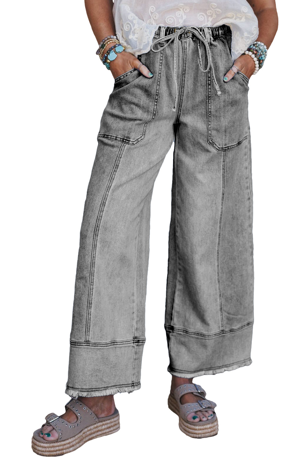 Gray Drawstring Seam Detail Raw Hem Wide Leg Jeans