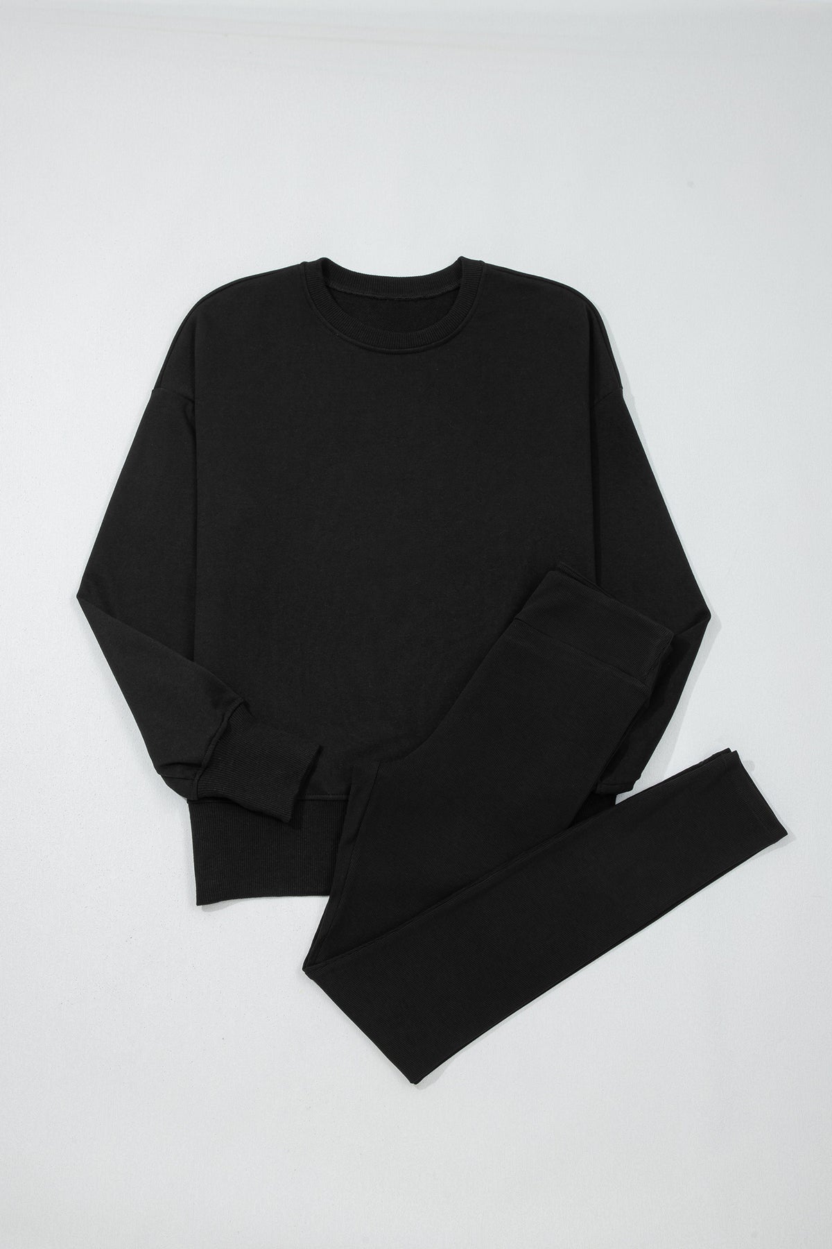Green Bay Solid Color Oversize Slit Sweatshirt Ribbed Leggings Set