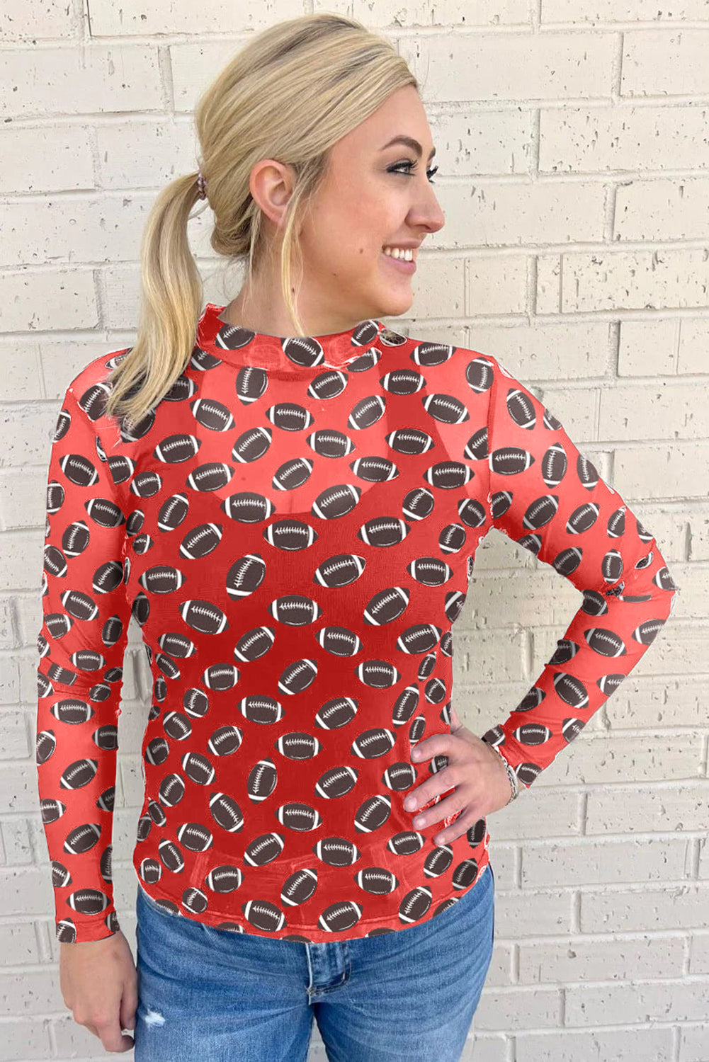 Brown Game Day Football Mesh Sheer Long Sleeve Top