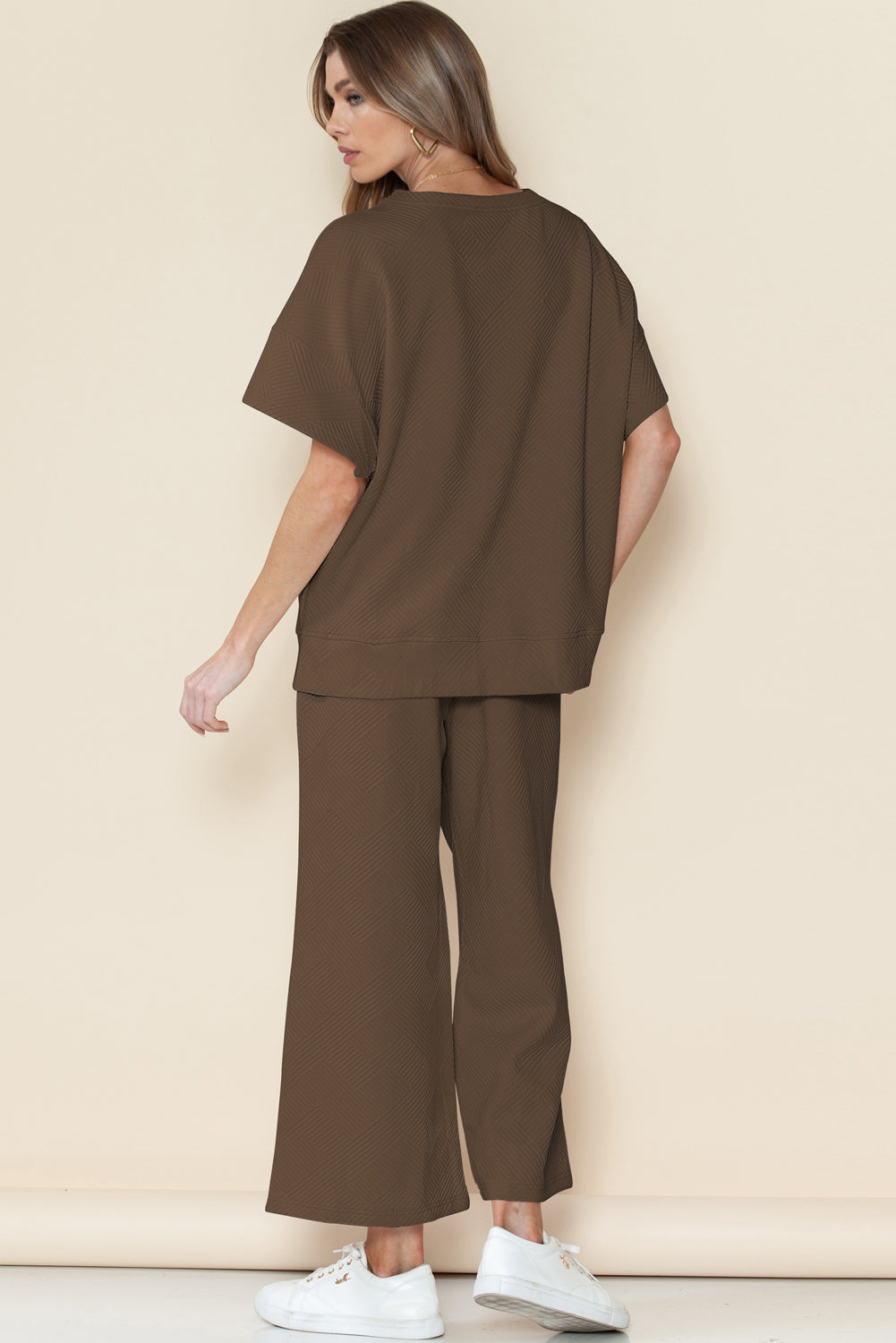 Gray Textured Loose Fit T Shirt & Drawstring Pants Set