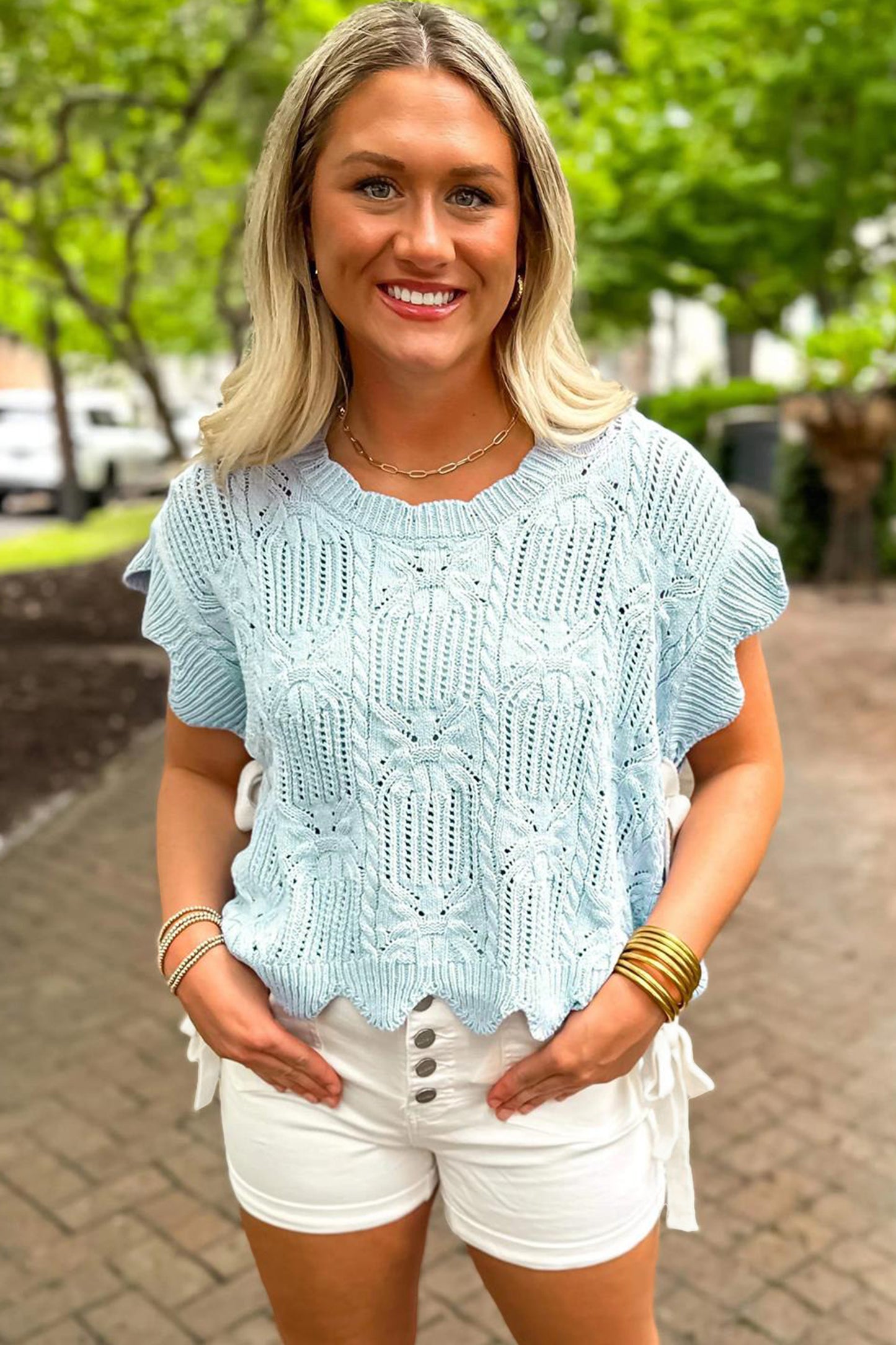 Mint Green Pointelle Knit Patterned Scalloped Trim Short Sleeve Sweater