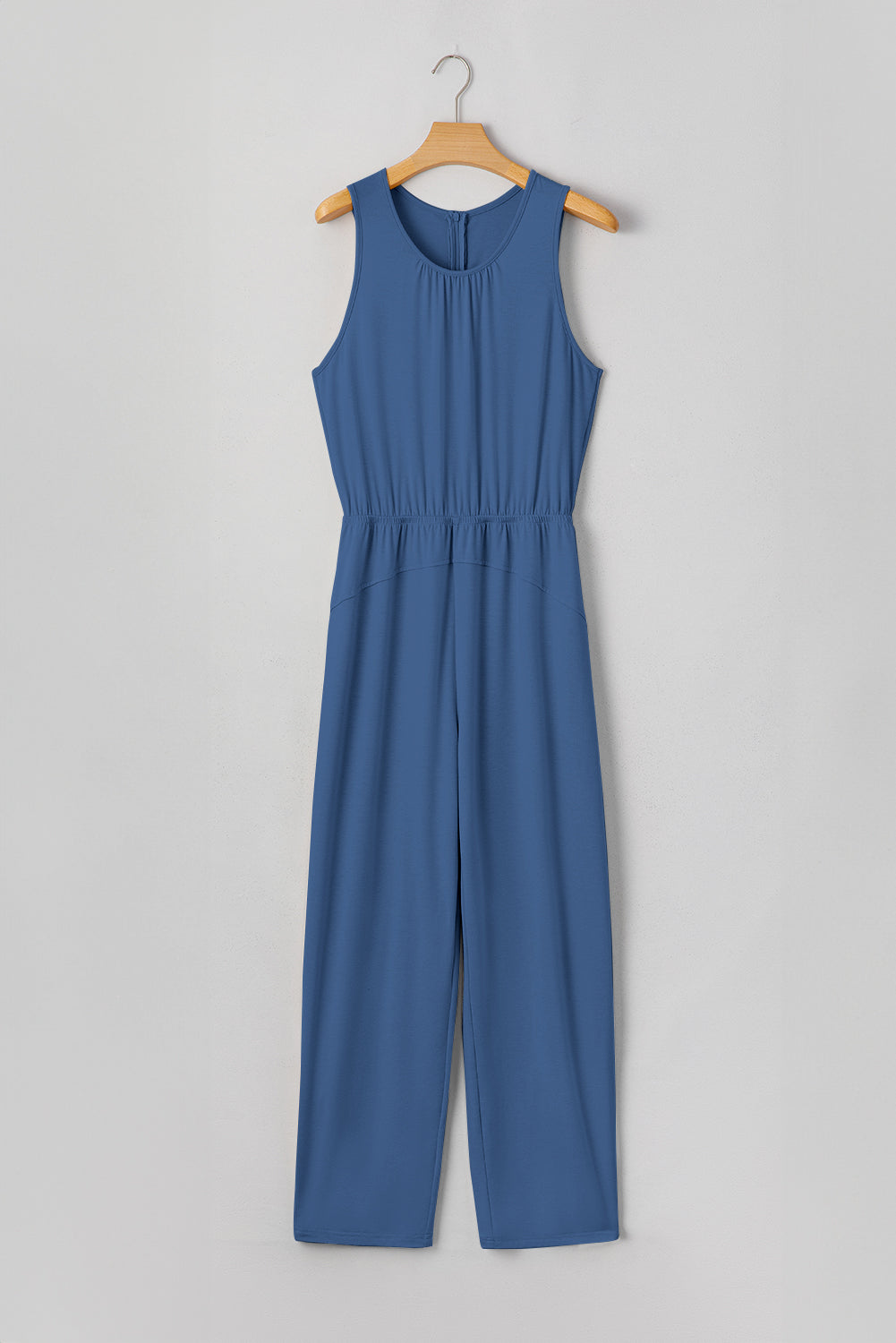 Sail Blue Solid Color Pleated Detail Elastic Waist Sleeveless Jumpsuit
