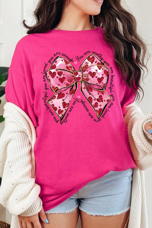 Faux Glitter Valentine Bow Graphic Heavy Cotton T