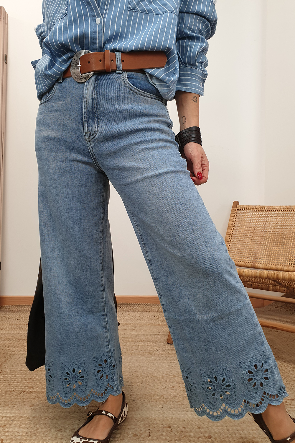 Dusk Blue Embroidered Cropped Wide Leg High Waist Jeans