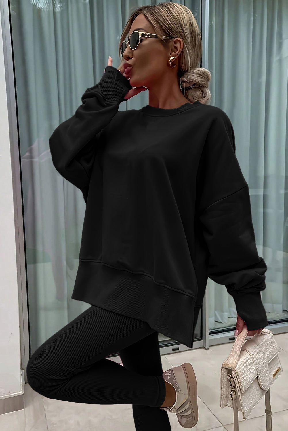 Green Bay Solid Color Oversize Slit Sweatshirt Ribbed Leggings Set