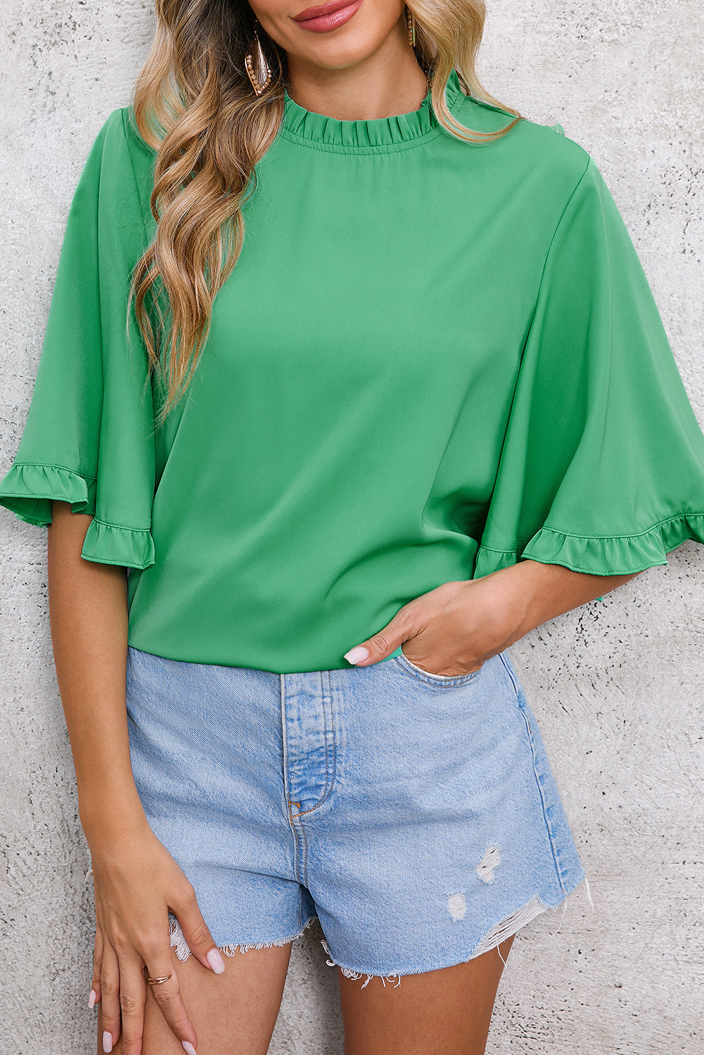 Green Frilly Round Neck Wide Half Sleeve Blouse