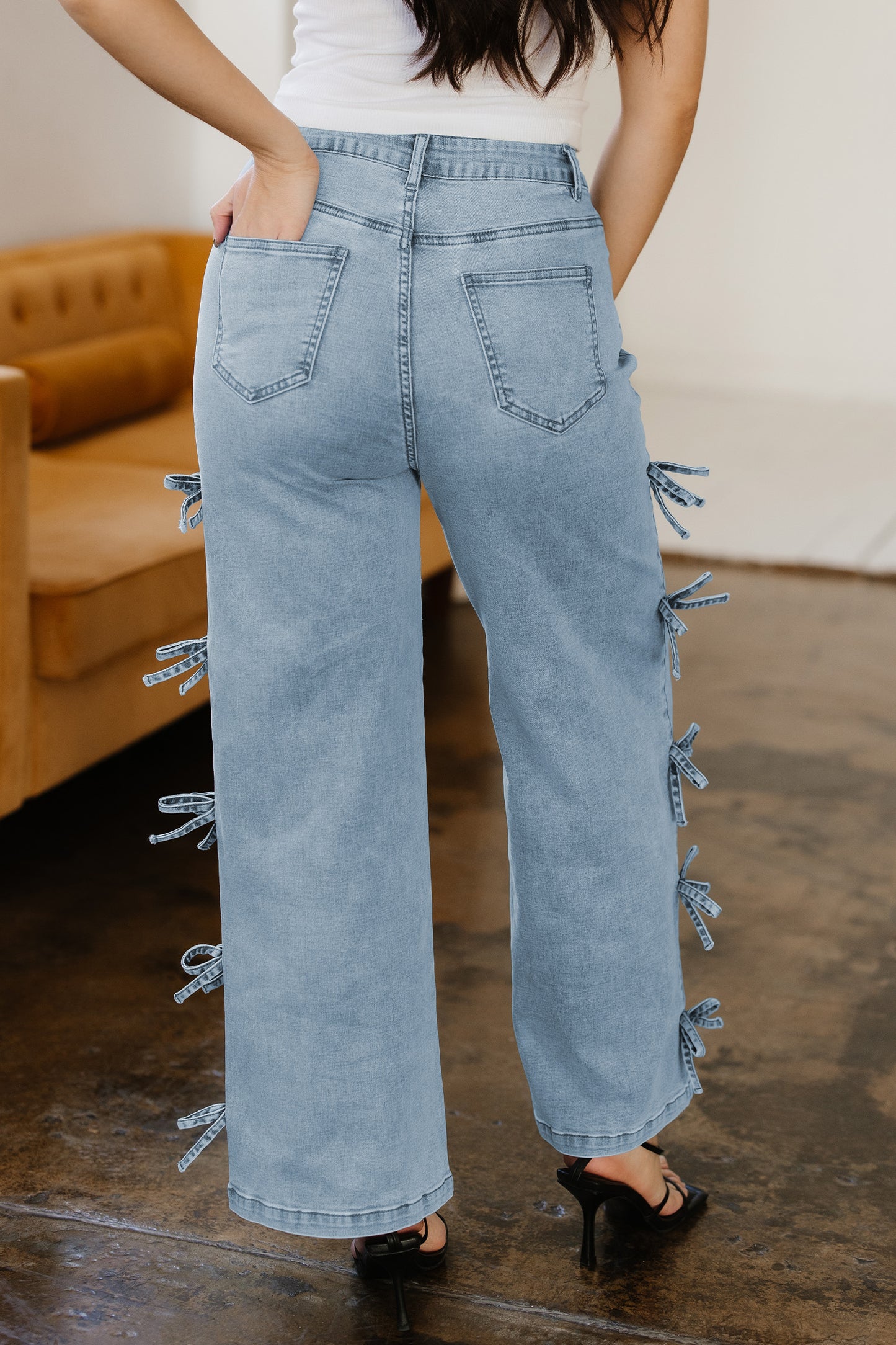 White Bowknot Side Detail Straight Leg Loose Jeans
