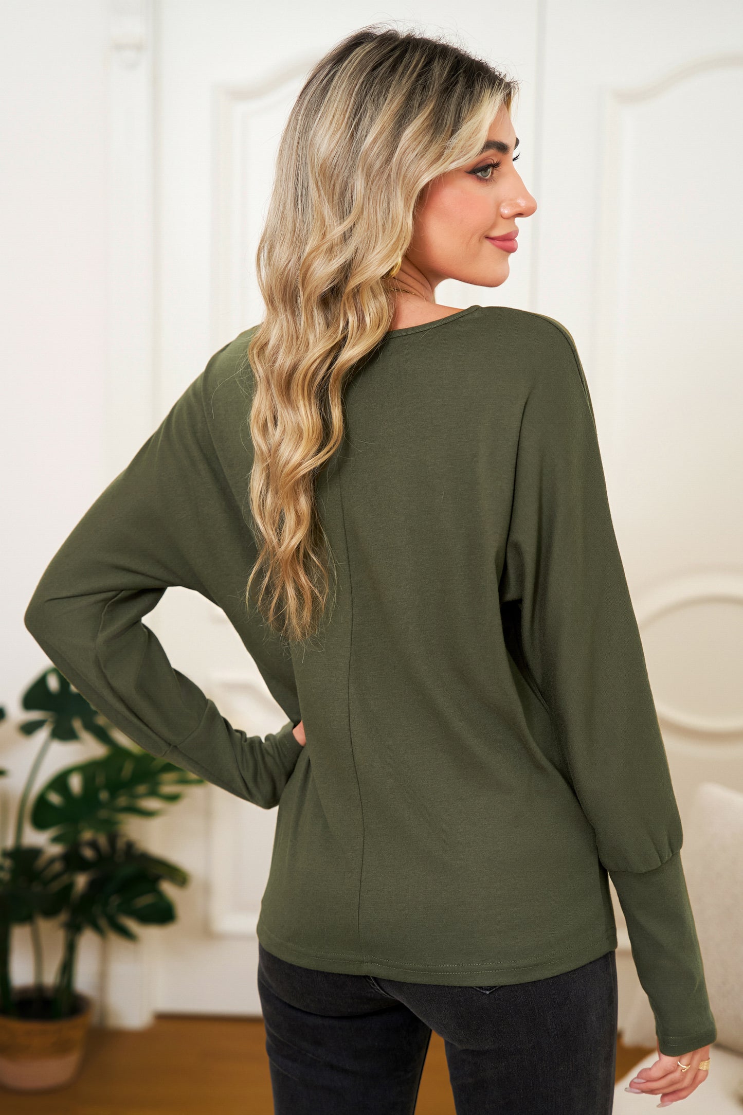 Red Dahlia Solid Color Round Neck Dolman Sleeve Top