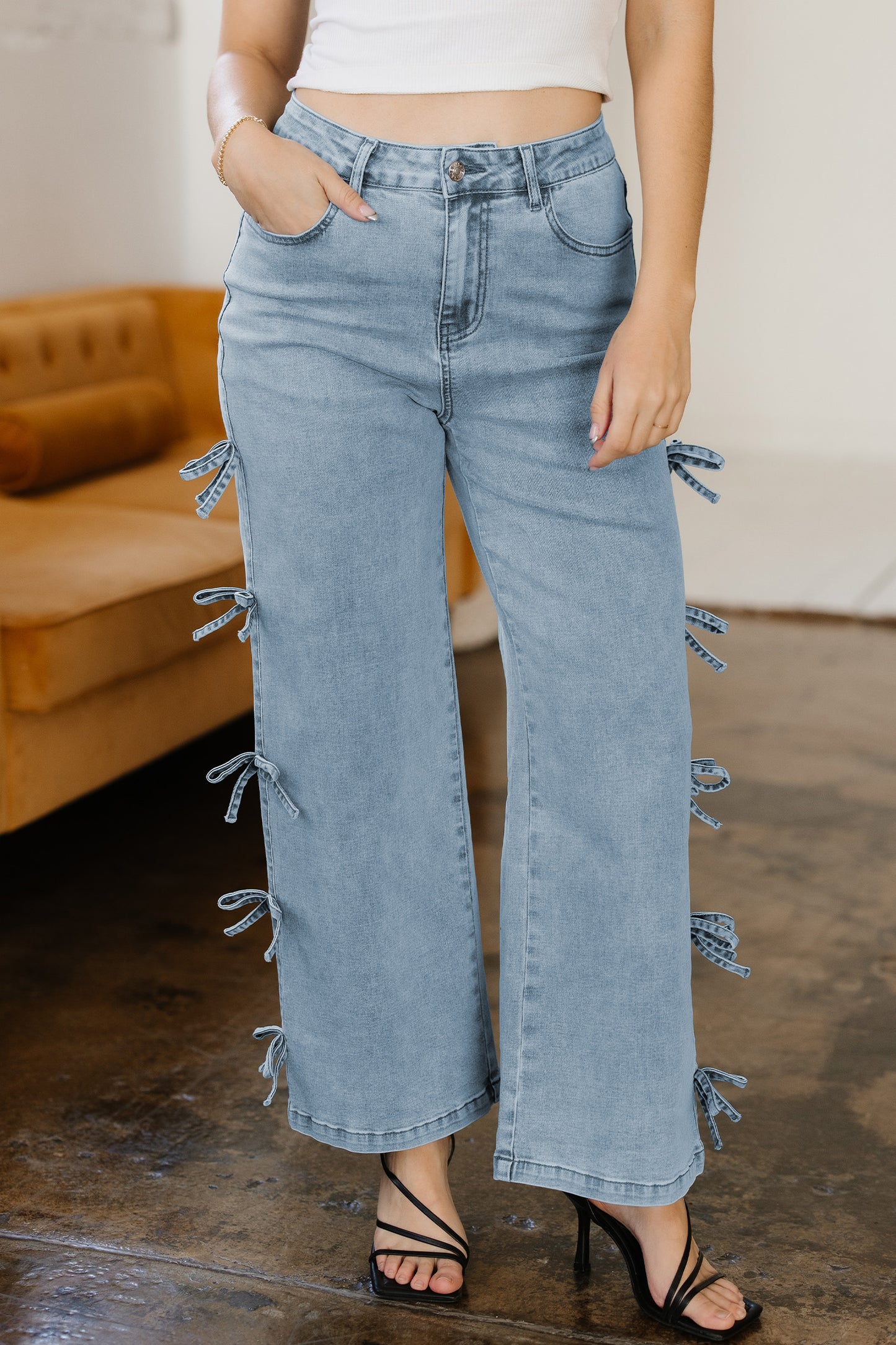 White Bowknot Side Detail Straight Leg Loose Jeans