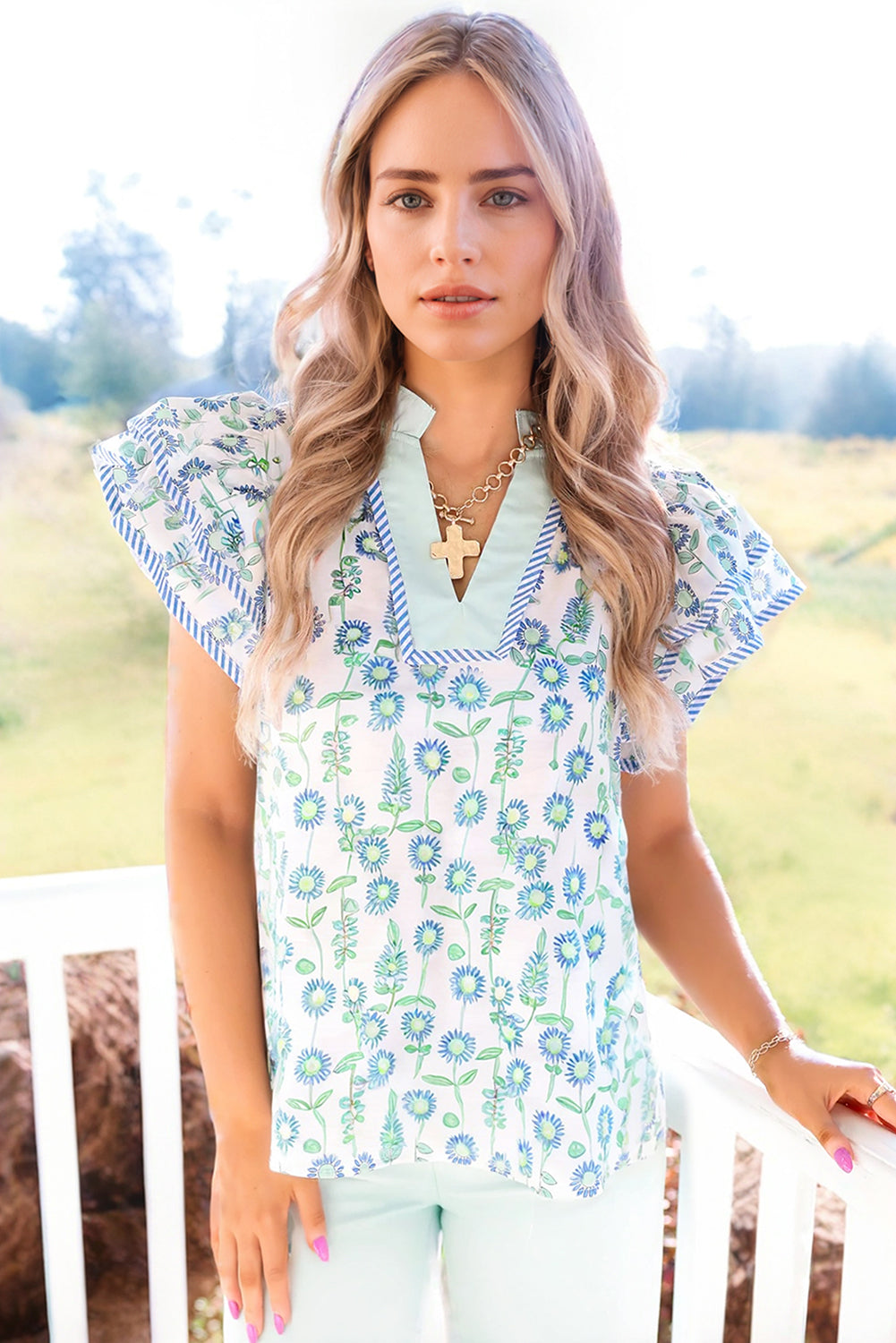 Green Floral Print Striped Trim Contrast V Neck Patchwork Boho Blouse