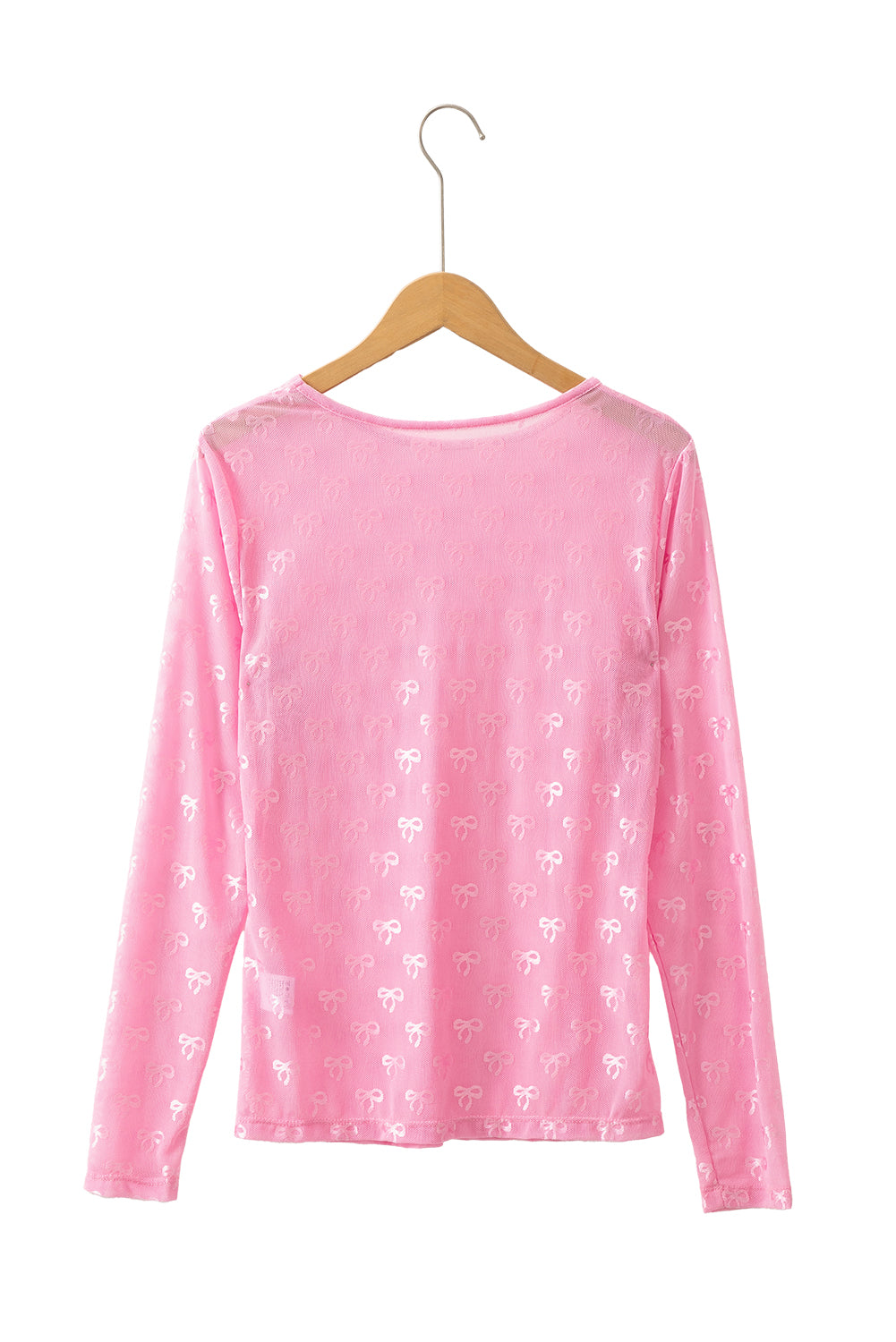 Pink Bow Pattern Long Sleeve Slim Fit Mesh Top