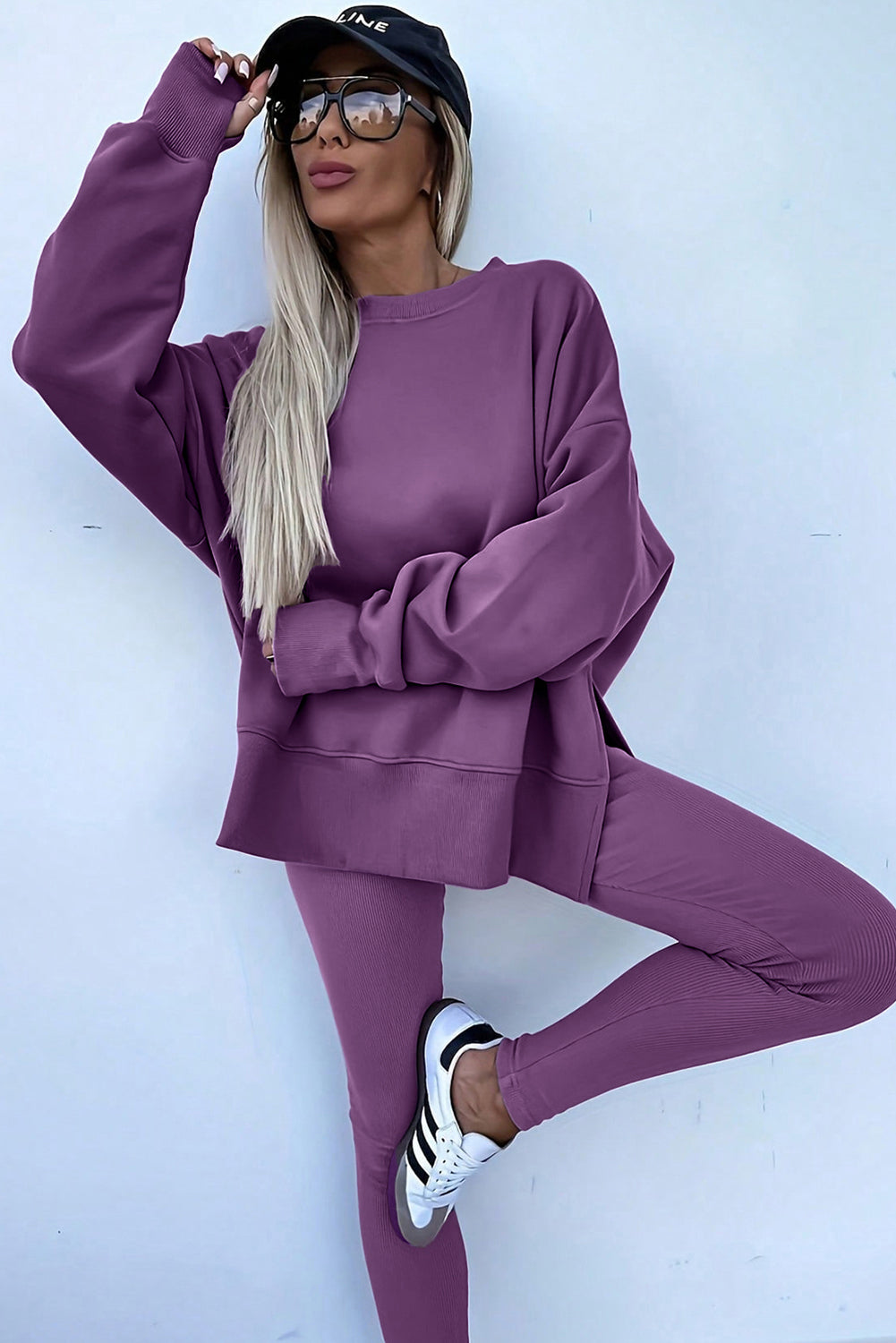 Green Bay Solid Color Oversize Slit Sweatshirt Ribbed Leggings Set
