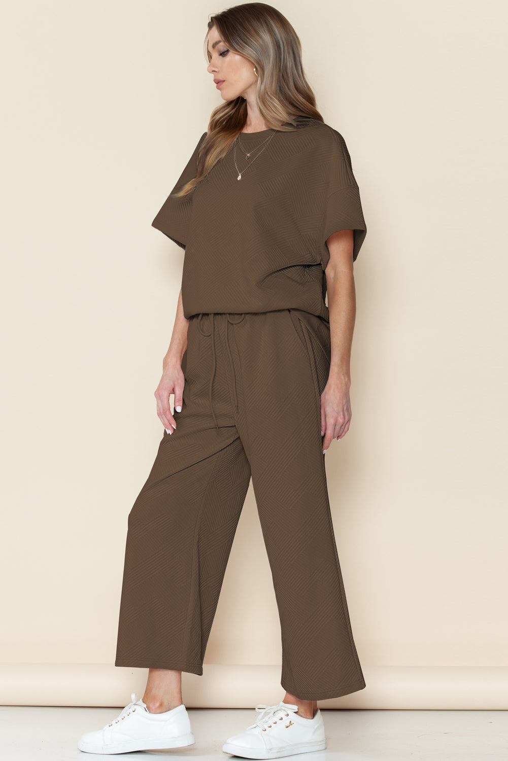Gray Textured Loose Fit T Shirt & Drawstring Pants Set